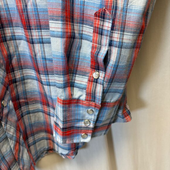Roper Western Shirt Mens Size Large Blue Red Plaid Pearl Snaps Long Sleeve - Picture 3 of 8